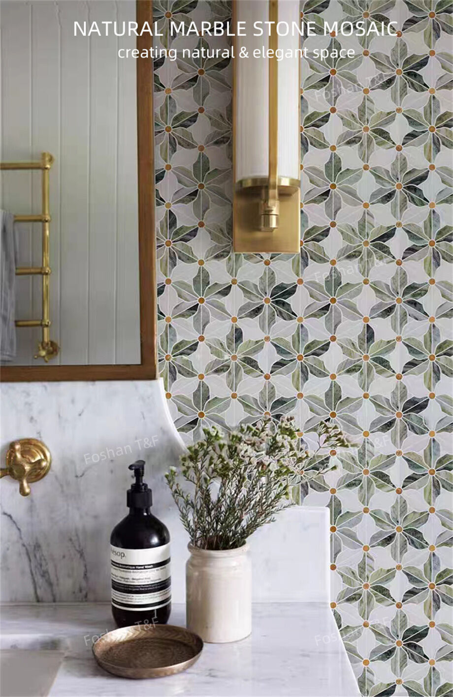 Waterjet Flower Pattern Marble Mosaic Brass Inlay Tile Mosaic Tile For ...