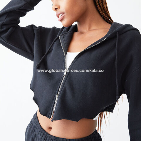 New Designed Women Zip Up Crop Hoodie French Terry Raw Cut Cropped Hoodie Zip Up Hoodie China Wholesale Wool Blend Pullover 6.2 from Dongguan kala active co. ltd Globalsources