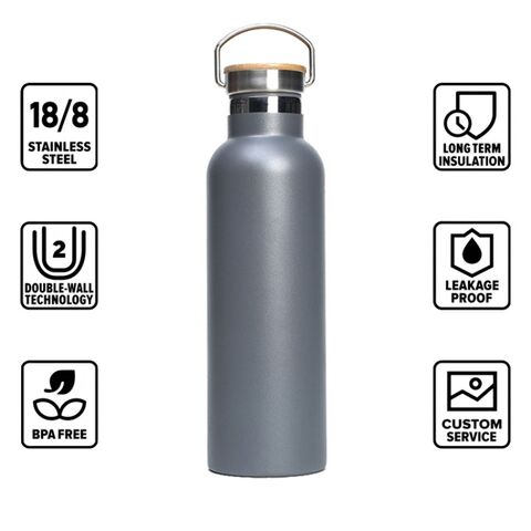 Bouteille d'eau promotionnelle avec nouveau design écologique, en acier inoxydable recyclé, couvercle en bambou, différentes couleurs disponibles et logo personnalisé