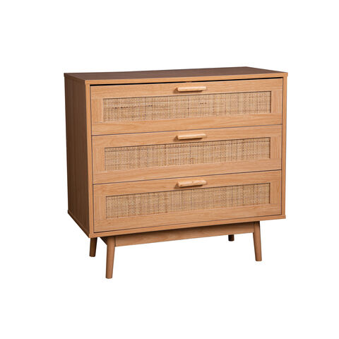 Moderne Kommode aus Holz im nordischen Stil mit Rattanschubladen, Sideboard, Aufbewahrungsschrank, Rattankommode mit 3 Schubladen