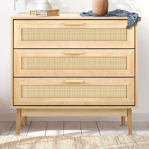 Moderne Kommode aus Holz im nordischen Stil mit Rattanschubladen, Sideboard, Aufbewahrungsschrank, Rattankommode mit 3 Schubladen