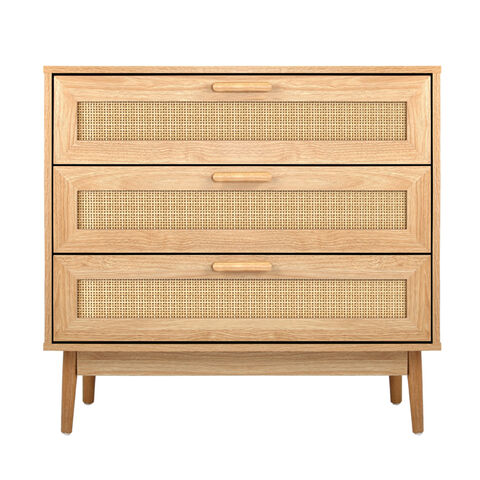 Moderne Kommode aus Holz im nordischen Stil mit Rattanschubladen, Sideboard, Aufbewahrungsschrank, Rattankommode mit 3 Schubladen