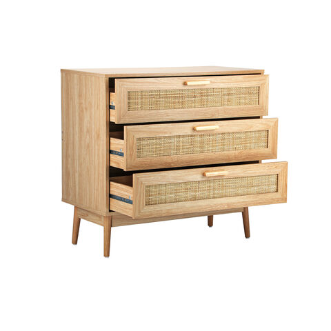 Moderne Kommode aus Holz im nordischen Stil mit Rattanschubladen, Sideboard, Aufbewahrungsschrank, Rattankommode mit 3 Schubladen