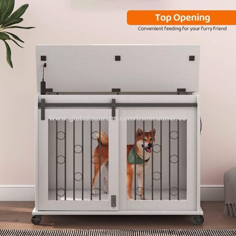 Caseta de Madera para Perros con Puerta Corrediza Tipo Granero, 99 cm, Mesa Auxiliar de Madera con Ruedas y Tapa Abatible, Casa para Perros con Divisor Desmontable