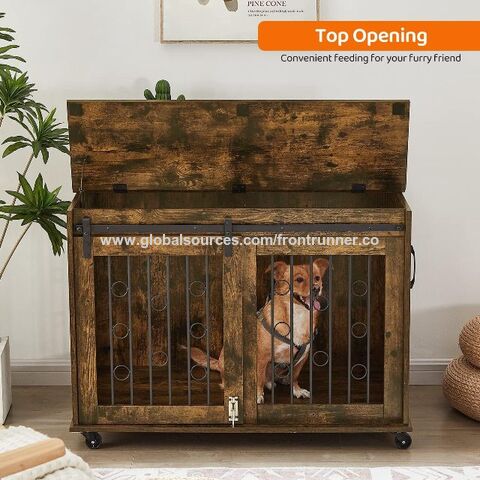 Caseta de Madera para Perros con Puerta Corrediza Tipo Granero, 99 cm, Mesa Auxiliar de Madera con Ruedas y Tapa Abatible, Casa para Perros con Divisor Desmontable