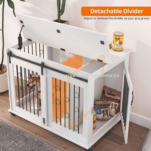 Caseta de Madera para Perros con Puerta Corrediza Tipo Granero, 99 cm, Mesa Auxiliar de Madera con Ruedas y Tapa Abatible, Casa para Perros con Divisor Desmontable