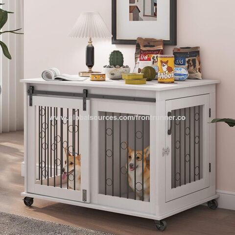Caseta de Madera para Perros con Puerta Corrediza Tipo Granero, 99 cm, Mesa Auxiliar de Madera con Ruedas y Tapa Abatible, Casa para Perros con Divisor Desmontable