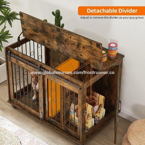 Caseta de Madera para Perros con Puerta Corrediza Tipo Granero, 99 cm, Mesa Auxiliar de Madera con Ruedas y Tapa Abatible, Casa para Perros con Divisor Desmontable