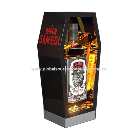 OEM Holzdisplay Sargform Weinflaschen-Glorifier Displayständer Whiskey Weinregal mit LED-Leuchten
