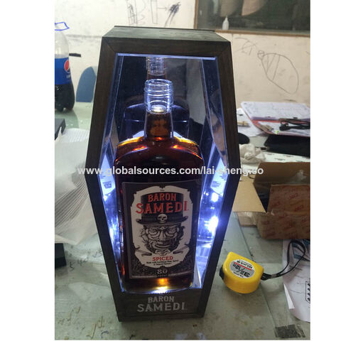 OEM Holzdisplay Sargform Weinflaschen-Glorifier Displayständer Whiskey Weinregal mit LED-Leuchten