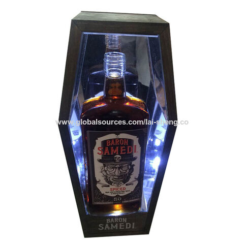 OEM Holzdisplay Sargform Weinflaschen-Glorifier Displayständer Whiskey Weinregal mit LED-Leuchten