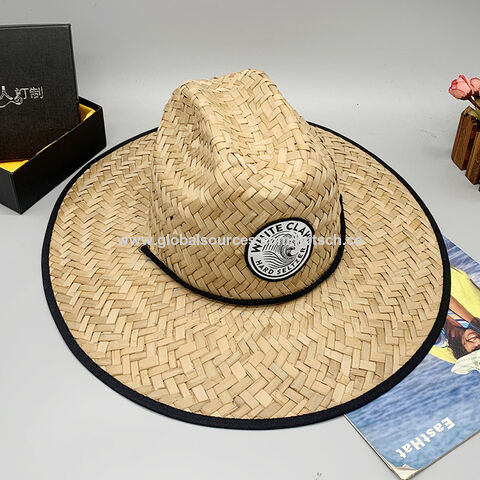 Chapéu de palha natural de alta qualidade por atacado, aba larga, para surf, salva-vidas, chapéu de palha natural de verão personalizado