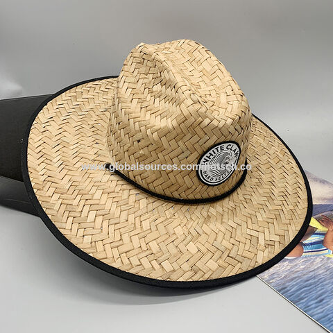Chapéu de palha natural de alta qualidade por atacado, aba larga, para surf, salva-vidas, chapéu de palha natural de verão personalizado