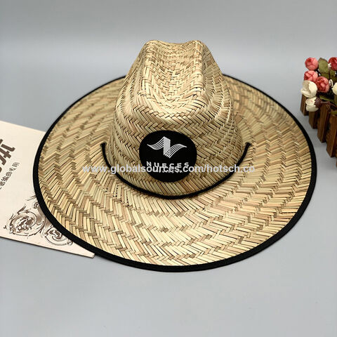 Chapéu de palha natural de alta qualidade por atacado, aba larga, para surf, salva-vidas, chapéu de palha natural de verão personalizado