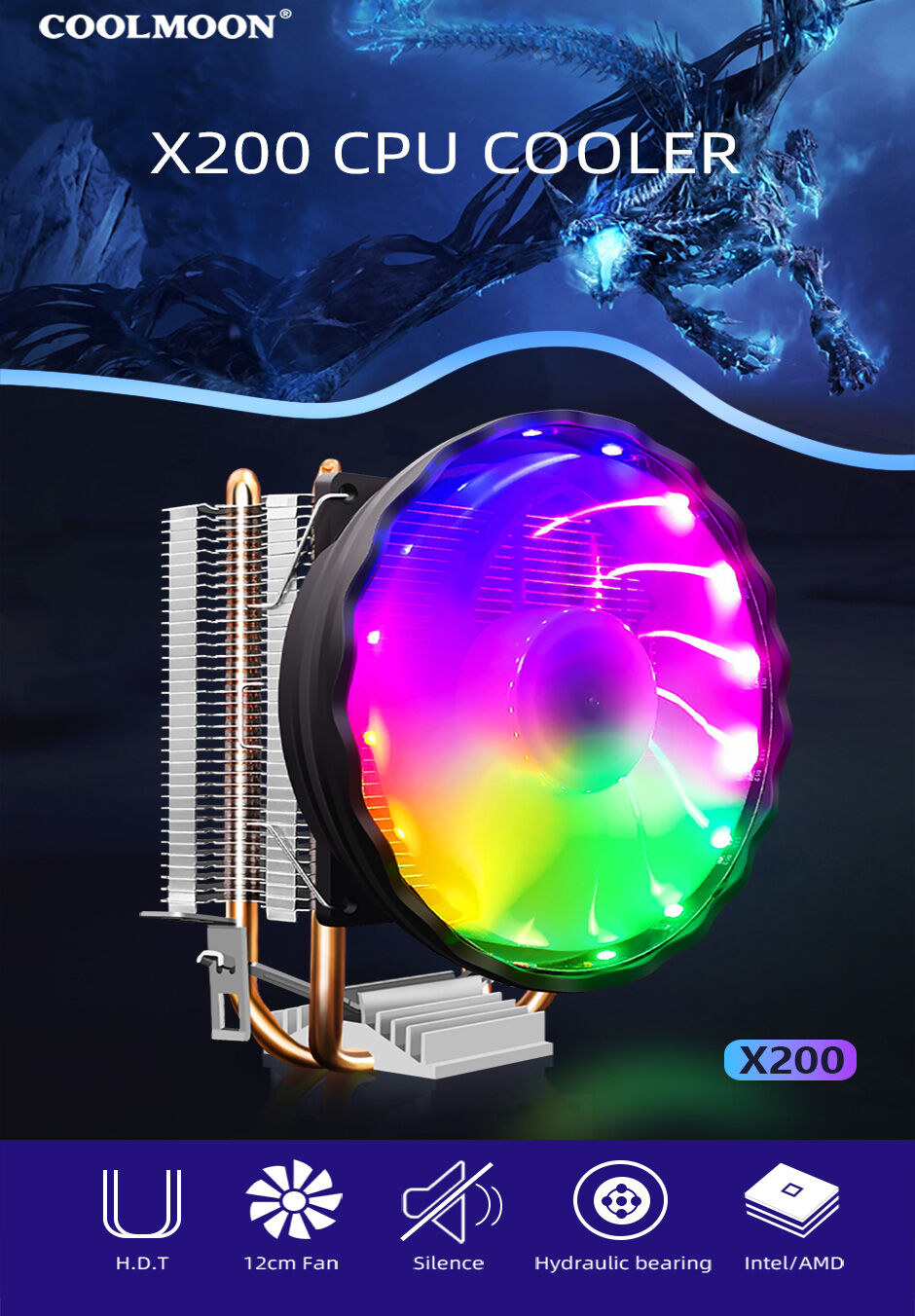 Factory Wholesale Coolmoon New Gaming Computer 2 Heatpipes Cpu Heatsink ...