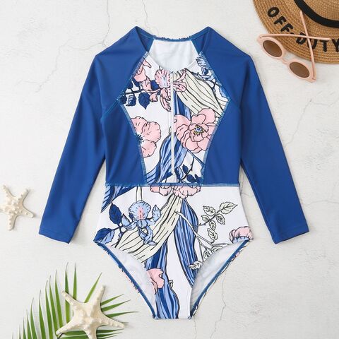 Maillot de Bain Fille Une Pièce Anti-UV Manches Longues Fermeture Éclair, Maillot de Bain Personnalisé avec Impression par Sublimation en Gros