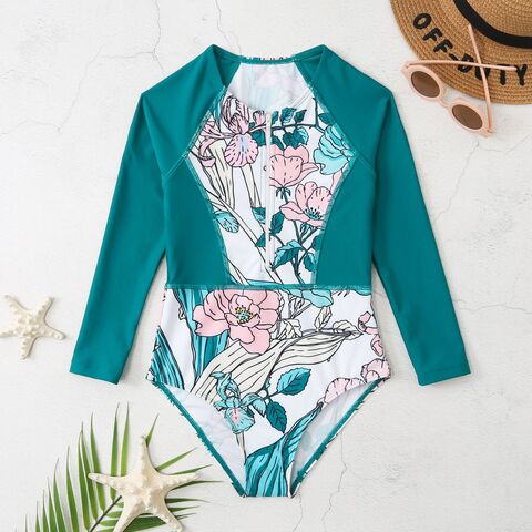 Maillot de Bain Fille Une Pièce Anti-UV Manches Longues Fermeture Éclair, Maillot de Bain Personnalisé avec Impression par Sublimation en Gros