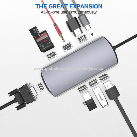 Estación de Acoplamiento USB Tipo C 10 en 1 OEM/ODM al por mayor, USB C a USB3.0 *3+USB-C PD+Ranura SD +TF+HDMI+VGA