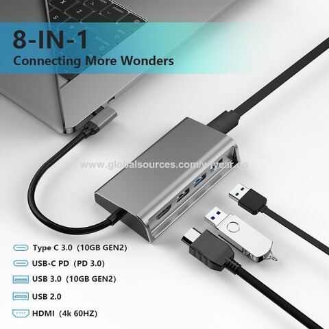 Concentrador USB 3.0 de 8 Puertos con Adaptador 4K, Carga Rápida y RJ45 100M - Estación de Acoplamiento Multifunción Directa de Fábrica para Ordenadores y Macbook