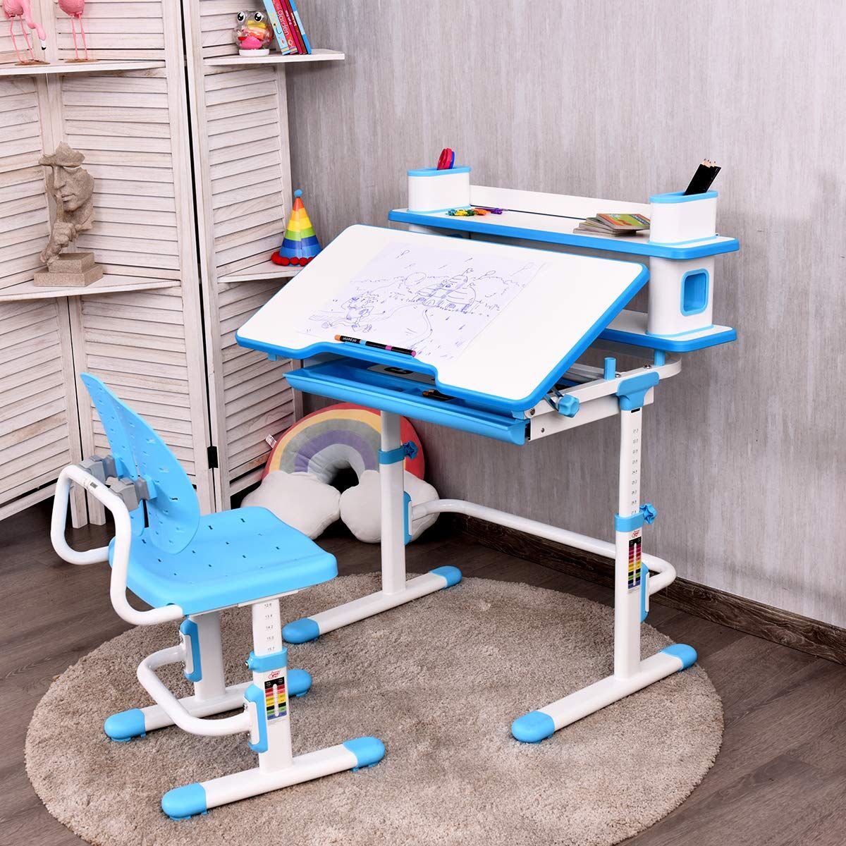 Blue Kids Desk And Chair Set Height Adjustable Children Study Table ...
