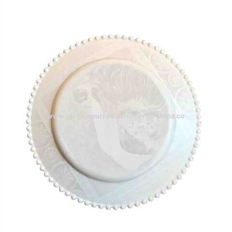 Elfenbeinweiße, transparente Platzteller mit Perlenrand, 6er-Set, durchsichtige Unterteller für Essteller, Party, Hochzeit, 33 cm