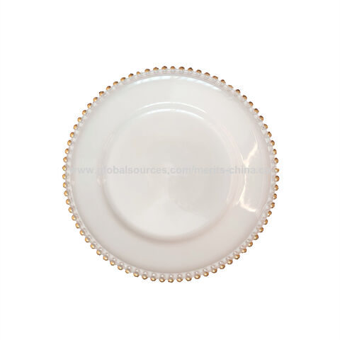 Elfenbeinweiße, transparente Platzteller mit Perlenrand, 6er-Set, durchsichtige Unterteller für Essteller, Party, Hochzeit, 33 cm
