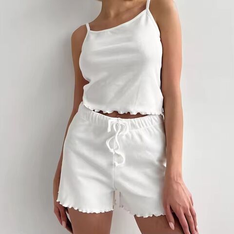 Conjunto de Pijama Corto de Verano al por Mayor para Mujer, Ropa de Dormir de Dos Piezas sin Mangas, Ropa de Casa Tejida de Bambú