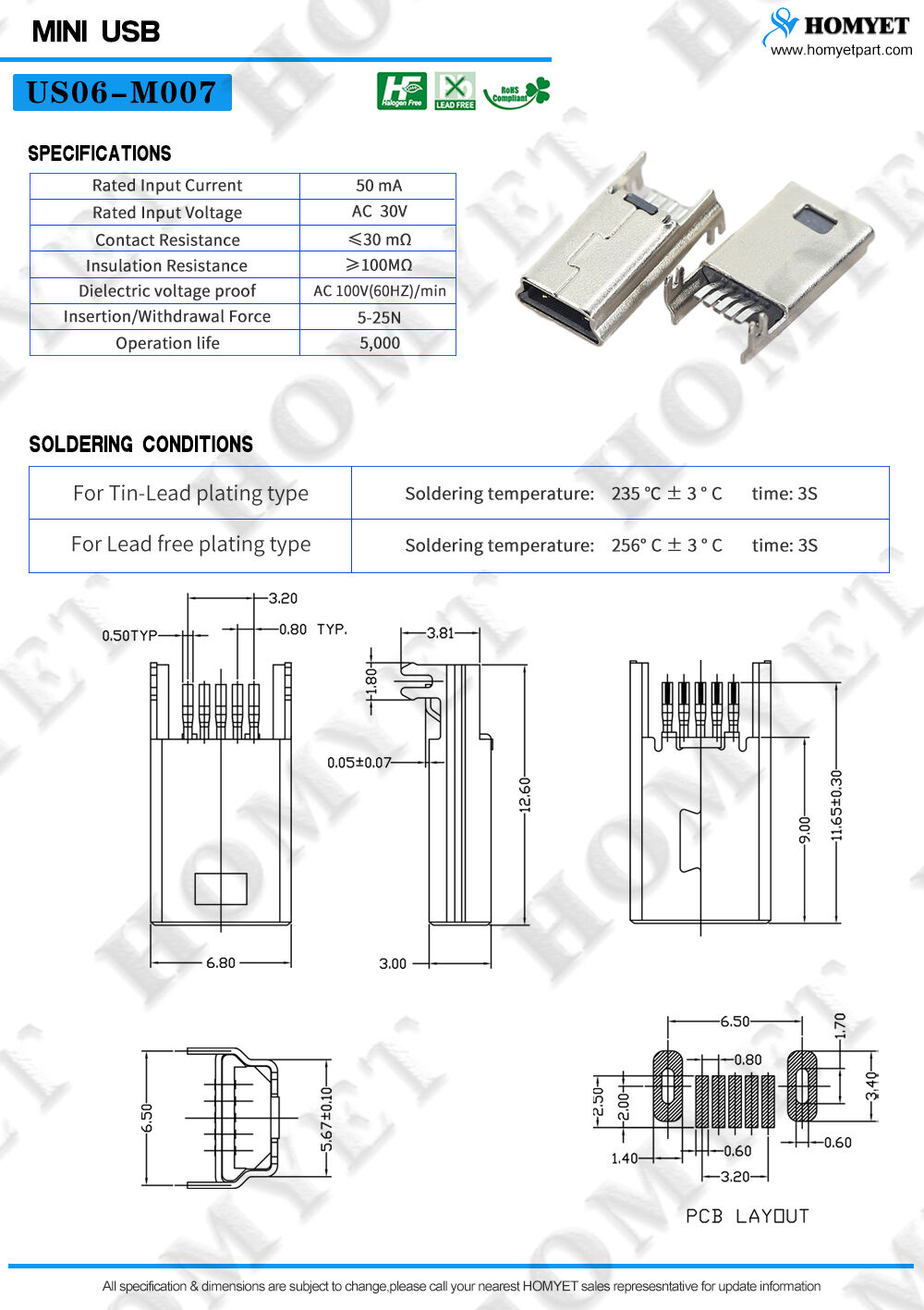 Mini Usb 5 Pin Male B Type Connector Smt Us06-m007 - Buy China ...
