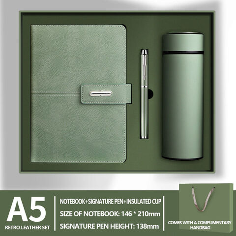 Set Alat Tulis Kantor Kulit Isi Ulang Mewah Promosi AI-MICH, Buku Catatan Logo Kustom, Pena, Gelas Minum untuk Set Hadiah Bisnis