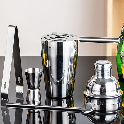 5-teiliges Edelstahl Barzubehör Set. Enthält 750 ml Shaker, Jigger, Eiszange, Barsieb & Barlöffel.