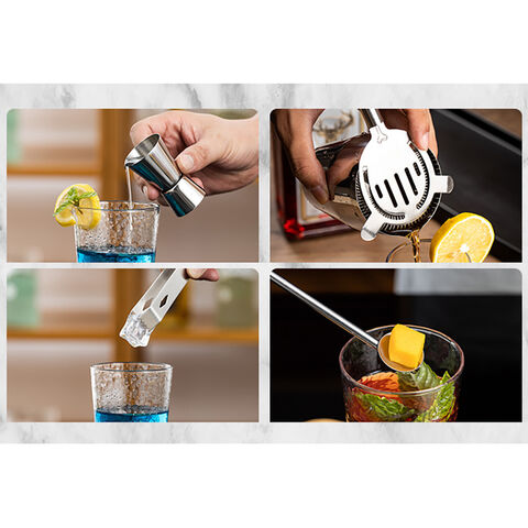 5-teiliges Edelstahl Barzubehör Set. Enthält 750 ml Shaker, Jigger, Eiszange, Barsieb & Barlöffel.