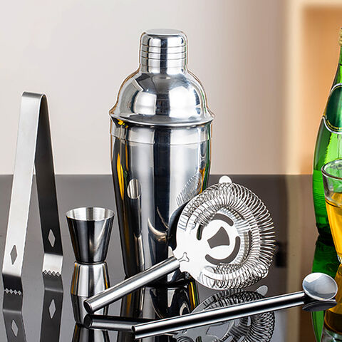 5-teiliges Edelstahl Barzubehör Set. Enthält 750 ml Shaker, Jigger, Eiszange, Barsieb & Barlöffel.