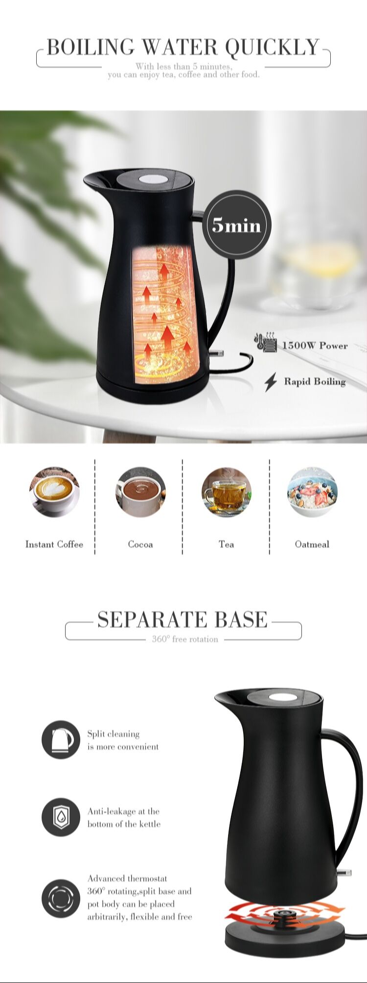 Wholesale Odm Double Wall Stainless Steel Vacuum 1000ml Electric Kettle ...
