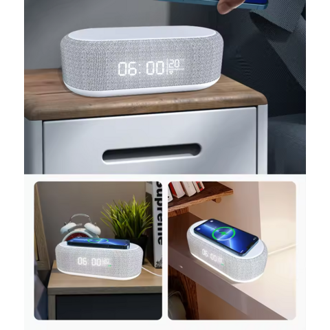 Altavoz Inalámbrico Inteligente Multifunción con Luz LED, Reloj, Cargador Inalámbrico de 15W, Altavoz Bluetooth, Batería de Plástico, OEM Pasivo