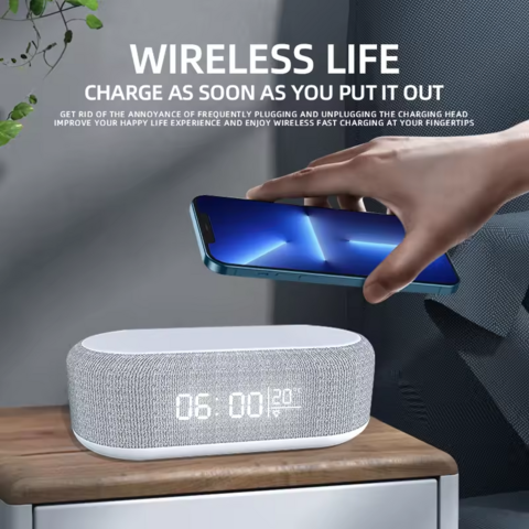 Altavoz Inalámbrico Inteligente Multifunción con Luz LED, Reloj, Cargador Inalámbrico de 15W, Altavoz Bluetooth, Batería de Plástico, OEM Pasivo