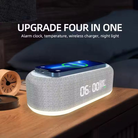Altavoz Inalámbrico Inteligente Multifunción con Luz LED, Reloj, Cargador Inalámbrico de 15W, Altavoz Bluetooth, Batería de Plástico, OEM Pasivo