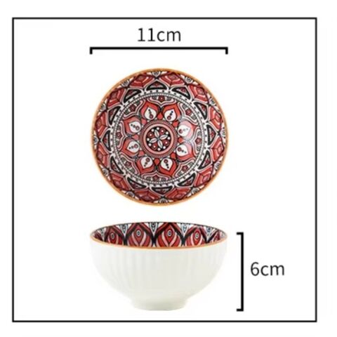 Conjunto de louça de cerâmica com estampas coloridas em estilo boêmio, incluindo 4 tigelas de cerâmica com conjunto de hashis. Conjuntos de jantar de cerâmica.