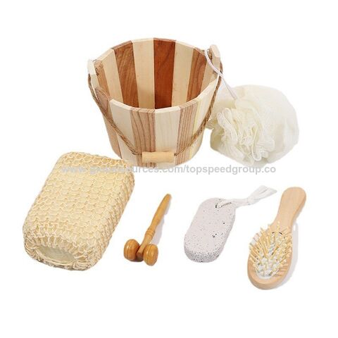 Holzeimer-Set Spa-Bad Blume Fuß Bimsstein Massagekamm Holzmassage Sisal Benutzerdefiniertes Logo