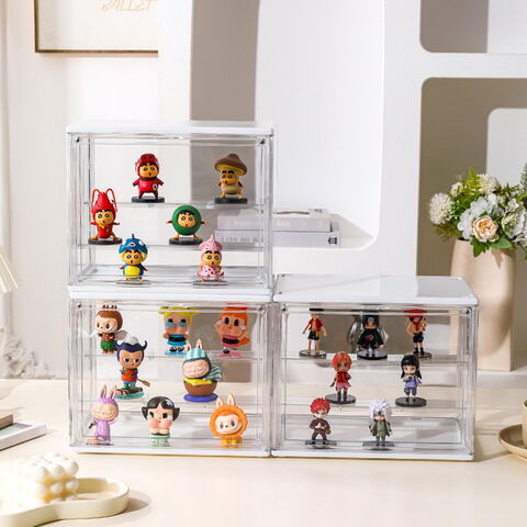 Caixa de exposição acrílica transparente por atacado para figuras de brinquedo, caixa de armazenamento de bonecas para crianças com tampa, dobrável e à prova de poeira