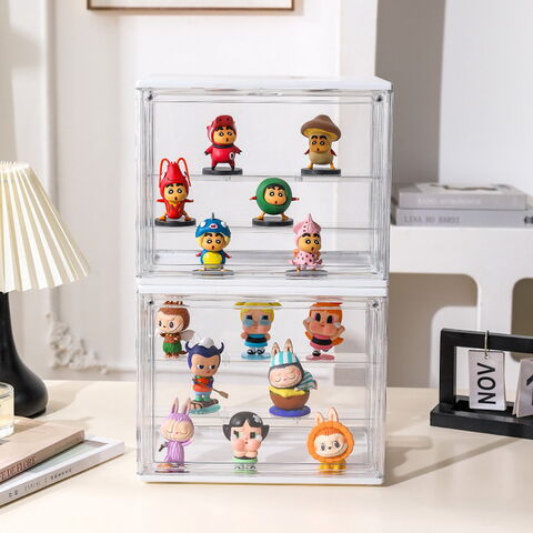 Caixa de exposição acrílica transparente por atacado para figuras de brinquedo, caixa de armazenamento de bonecas para crianças com tampa, dobrável e à prova de poeira