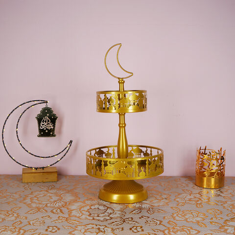 Présentoir à Gâteaux et Desserts à 2 Niveaux pour Fête de l'Aïd Moubarak Ramadan Islam Musulman en Métal Cuivré - Thème Mosquée pour Bonbons, Fruits et Gâteaux