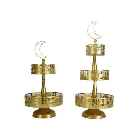Présentoir à Gâteaux et Desserts à 2 Niveaux pour Fête de l'Aïd Moubarak Ramadan Islam Musulman en Métal Cuivré - Thème Mosquée pour Bonbons, Fruits et Gâteaux