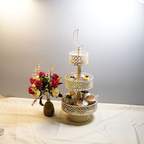 Présentoir à Gâteaux et Desserts à 2 Niveaux pour Fête de l'Aïd Moubarak Ramadan Islam Musulman en Métal Cuivré - Thème Mosquée pour Bonbons, Fruits et Gâteaux
