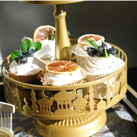 Présentoir à Gâteaux et Desserts à 2 Niveaux pour Fête de l'Aïd Moubarak Ramadan Islam Musulman en Métal Cuivré - Thème Mosquée pour Bonbons, Fruits et Gâteaux