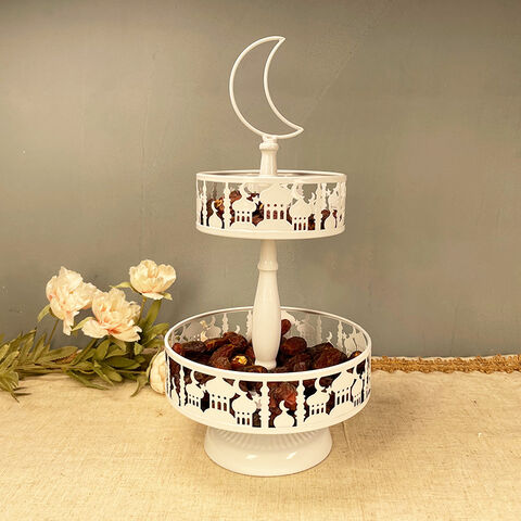 Présentoir à Gâteaux et Desserts à 2 Niveaux pour Fête de l'Aïd Moubarak Ramadan Islam Musulman en Métal Cuivré - Thème Mosquée pour Bonbons, Fruits et Gâteaux