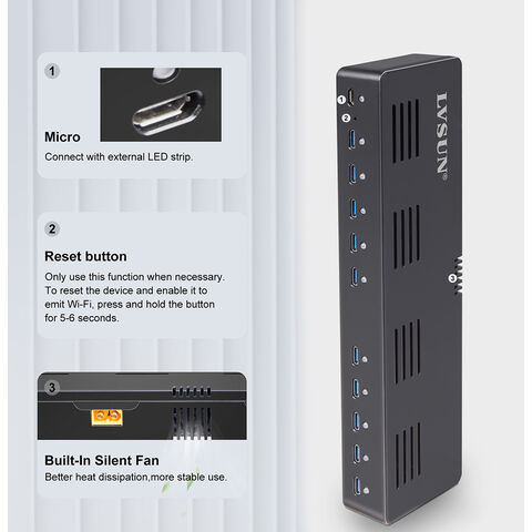 Station d'accueil de charge PD avec 10 ports USB-C pour le secteur de l'éducation, recharge pour ordinateurs portables, téléphones portables, iPads et tablettes.