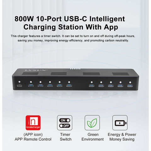 Station d'accueil de charge PD avec 10 ports USB-C pour le secteur de l'éducation, recharge pour ordinateurs portables, téléphones portables, iPads et tablettes.
