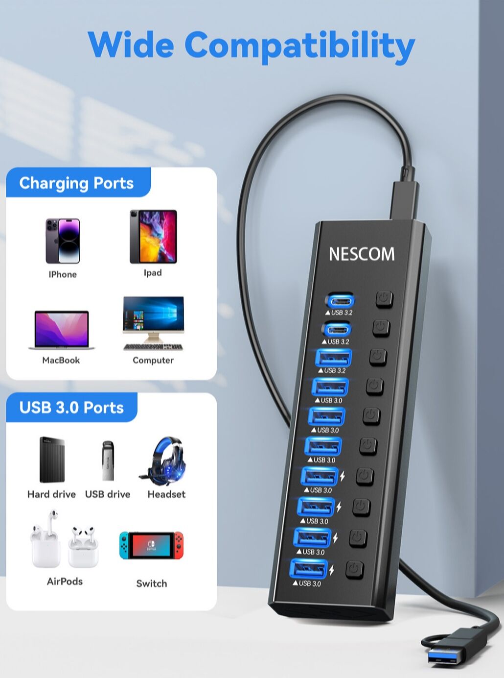 Usb Hub ,10 Port Powered Usb 3.2 Hub With Led Indicator Usb Hub 3.2 ...