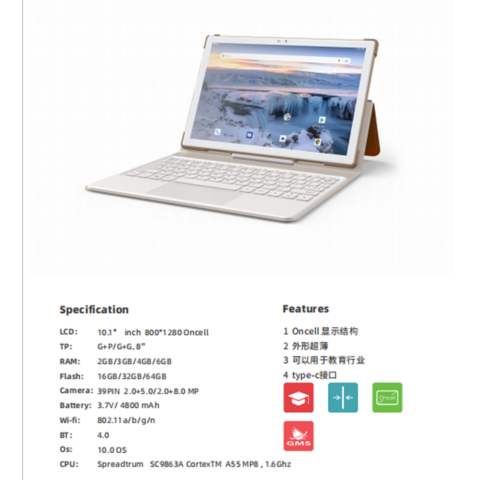 10,1 Zoll Android Tablet PC 800*1280 Oncell, Education Tablet, 6+64GB, 2+8MP Kamera, 4800mAh Akku