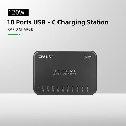Station de charge USB-C 10 ports 120W de la marque LVSUN, idéale pour téléphones portables, tablettes, etc.